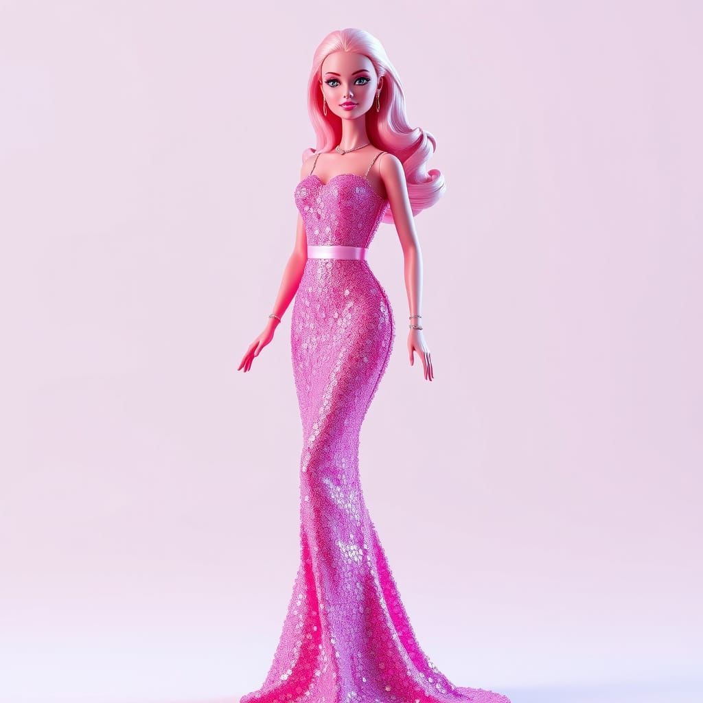 Glamorous Barbie Girl in Iridescent Sequins Evening Gown