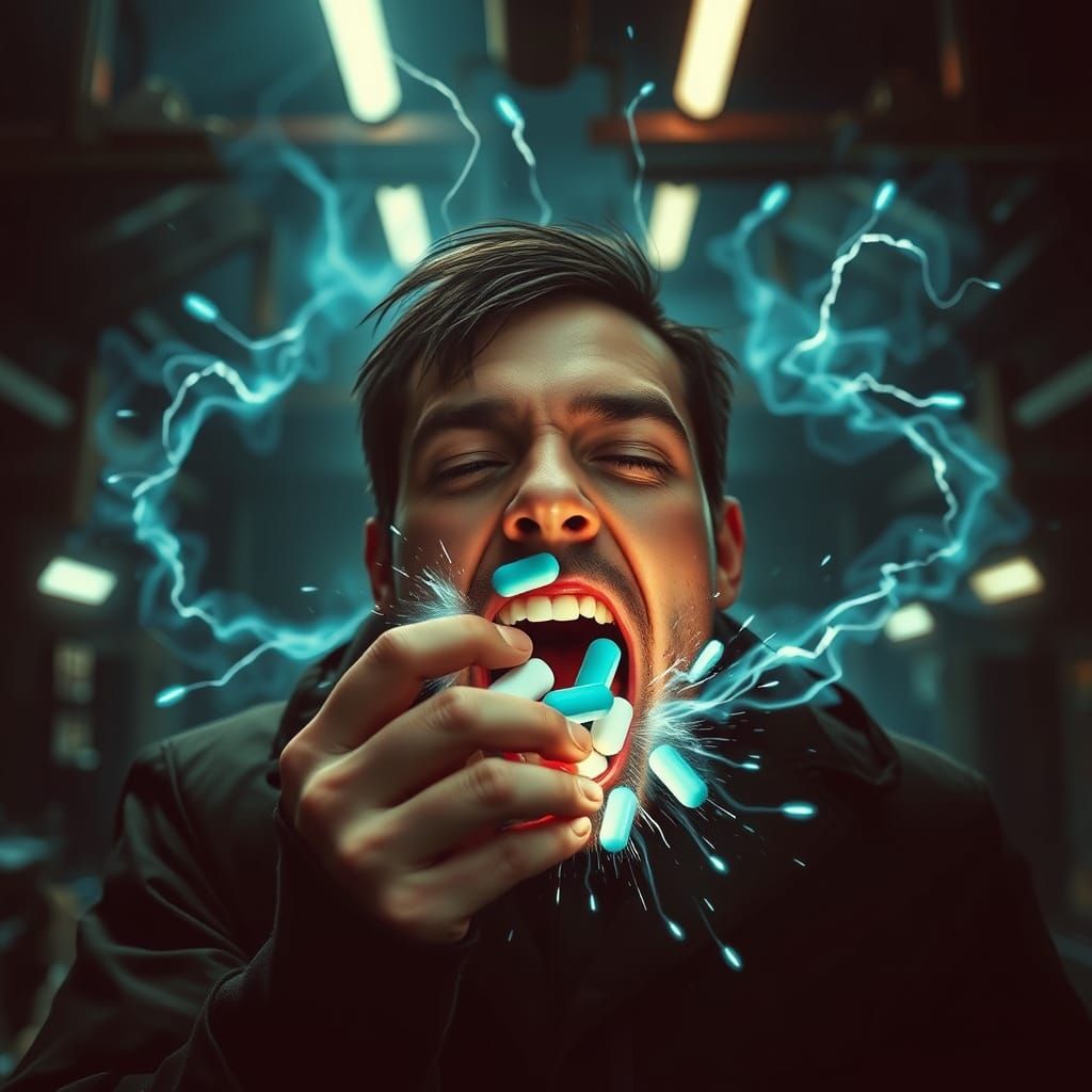 Person Chewing Energy Tablets in Dystopian Future