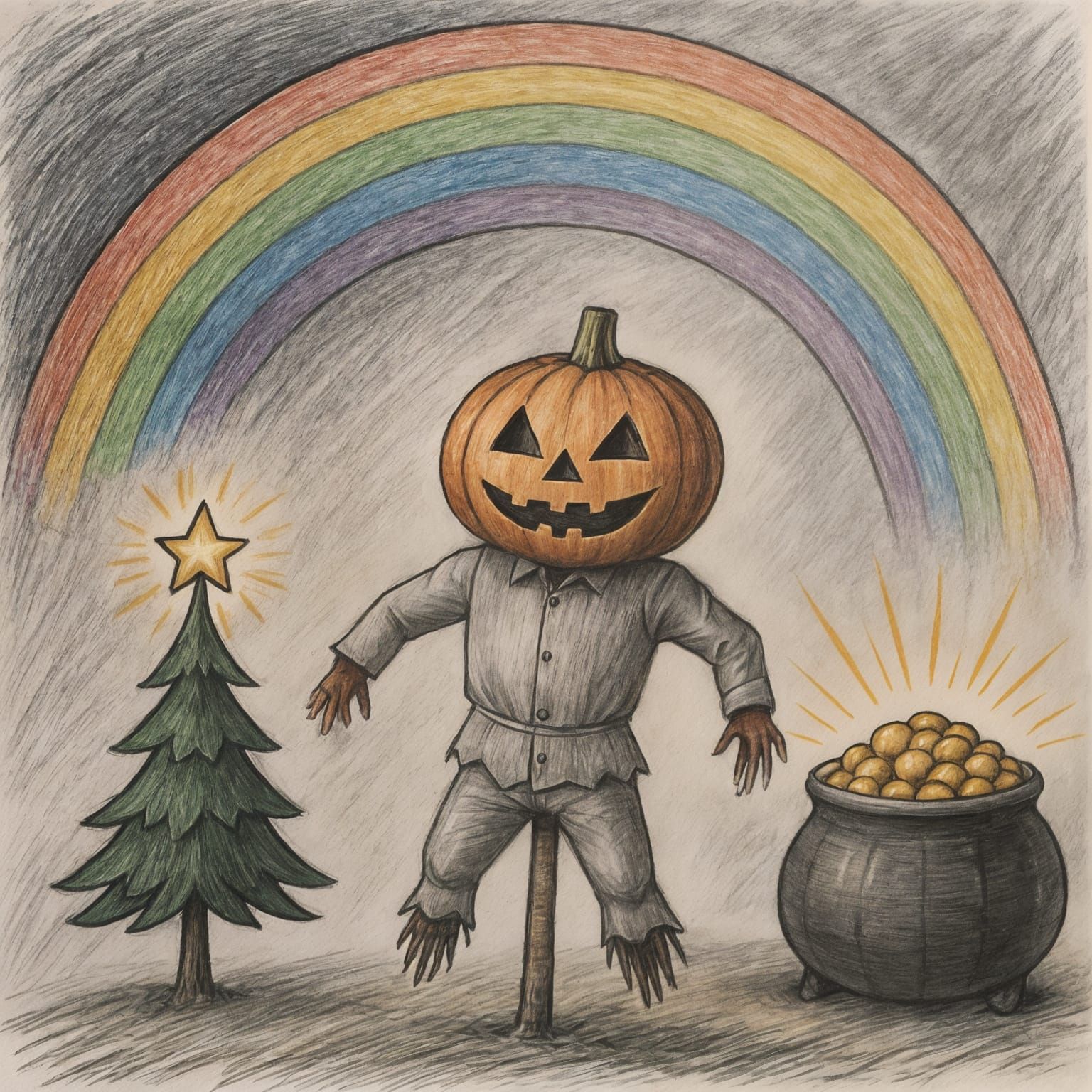 Scarecrow with Jack-o'-Lantern Head Illustration