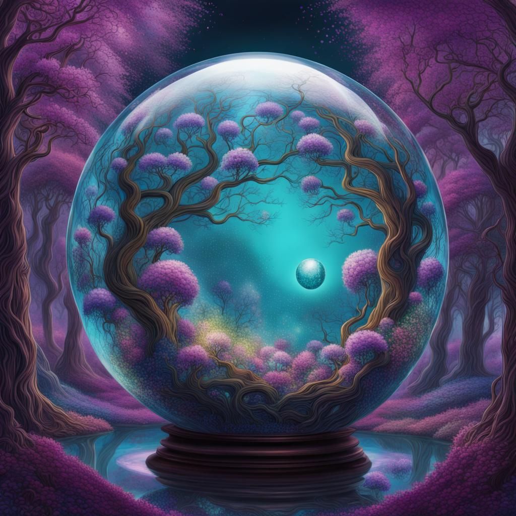 Enchanted Crystal Ball Reflecting a Fantasy Tree Tunnel