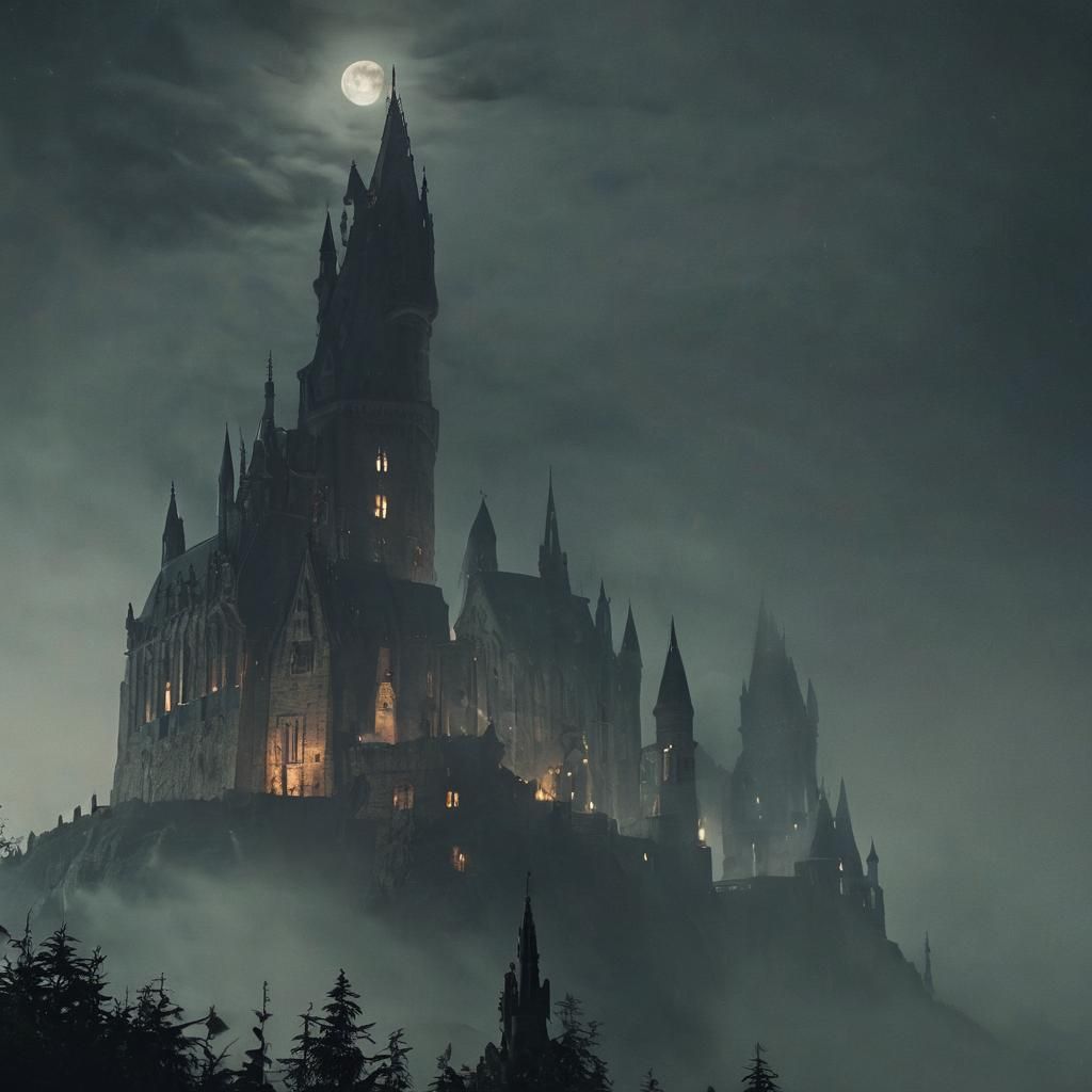 Hogwarts Castle at Night in Gothic Architecture
