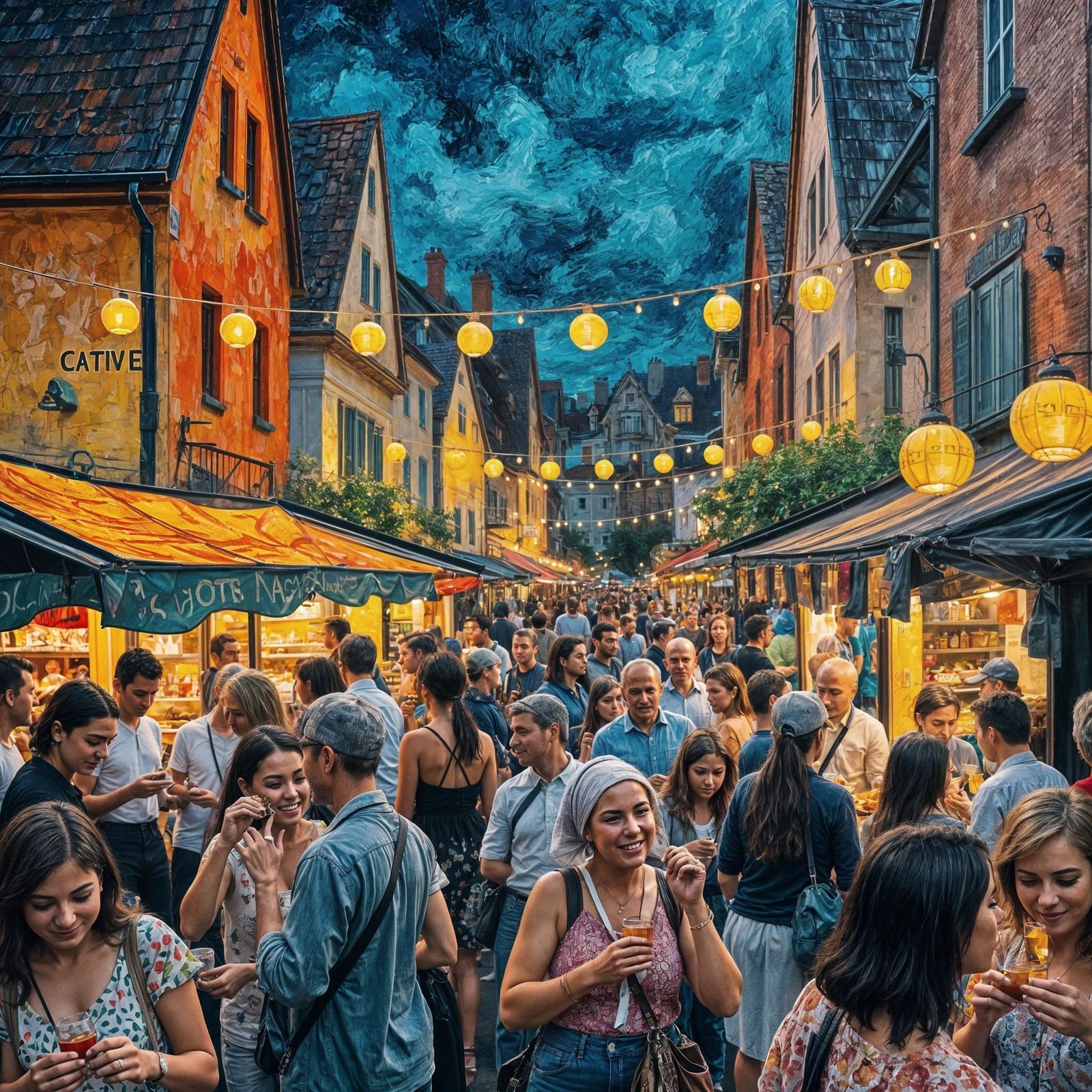 Nighttime Street Food Festival as Impasto Oil Painting