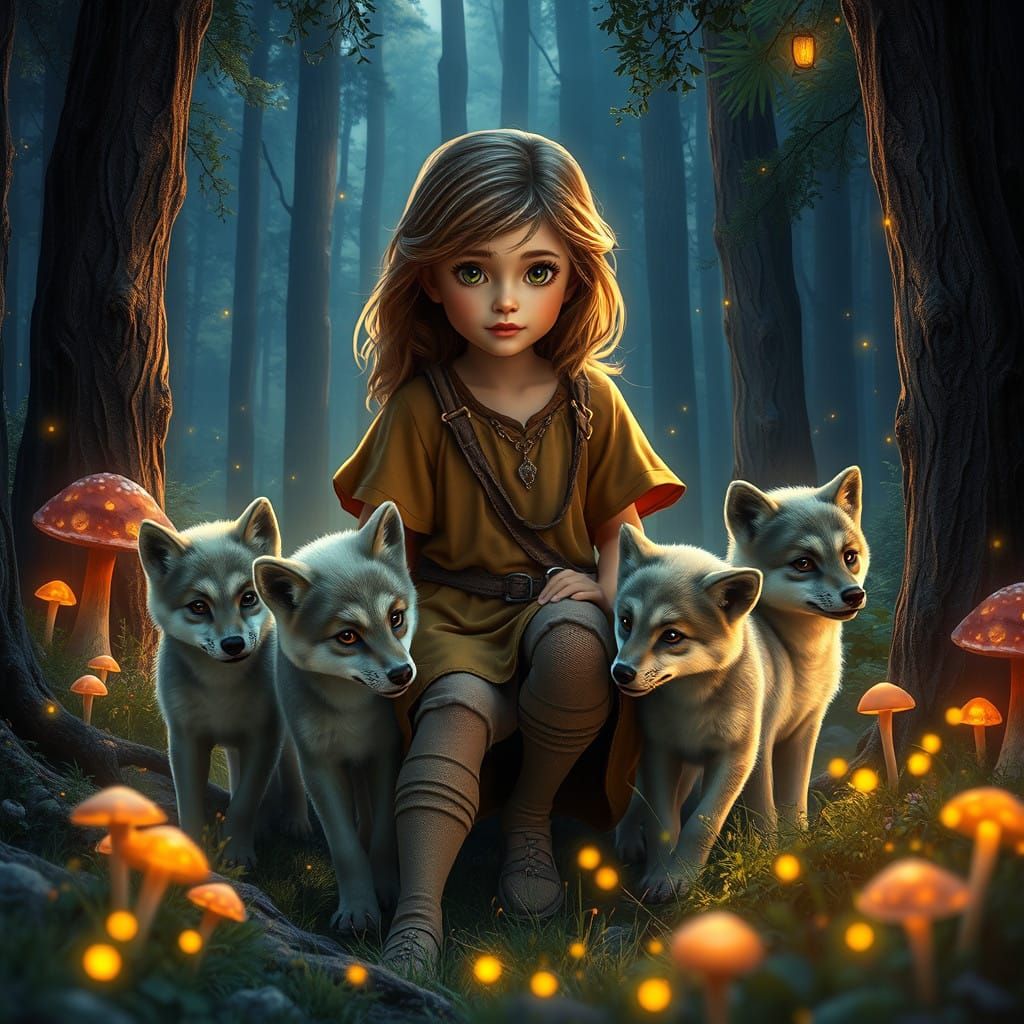 Girl in Whimsical Perimid Landscape with Wolf Cubs