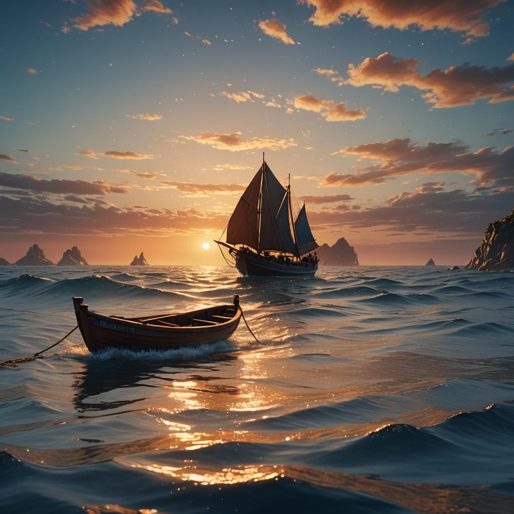 Sunset Boat on Glittering Sea: Fantasy Concept Art