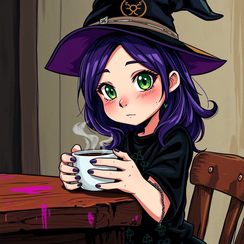 Whimsical Anime-Inspired Witch in Deep Purple Hair and Black...