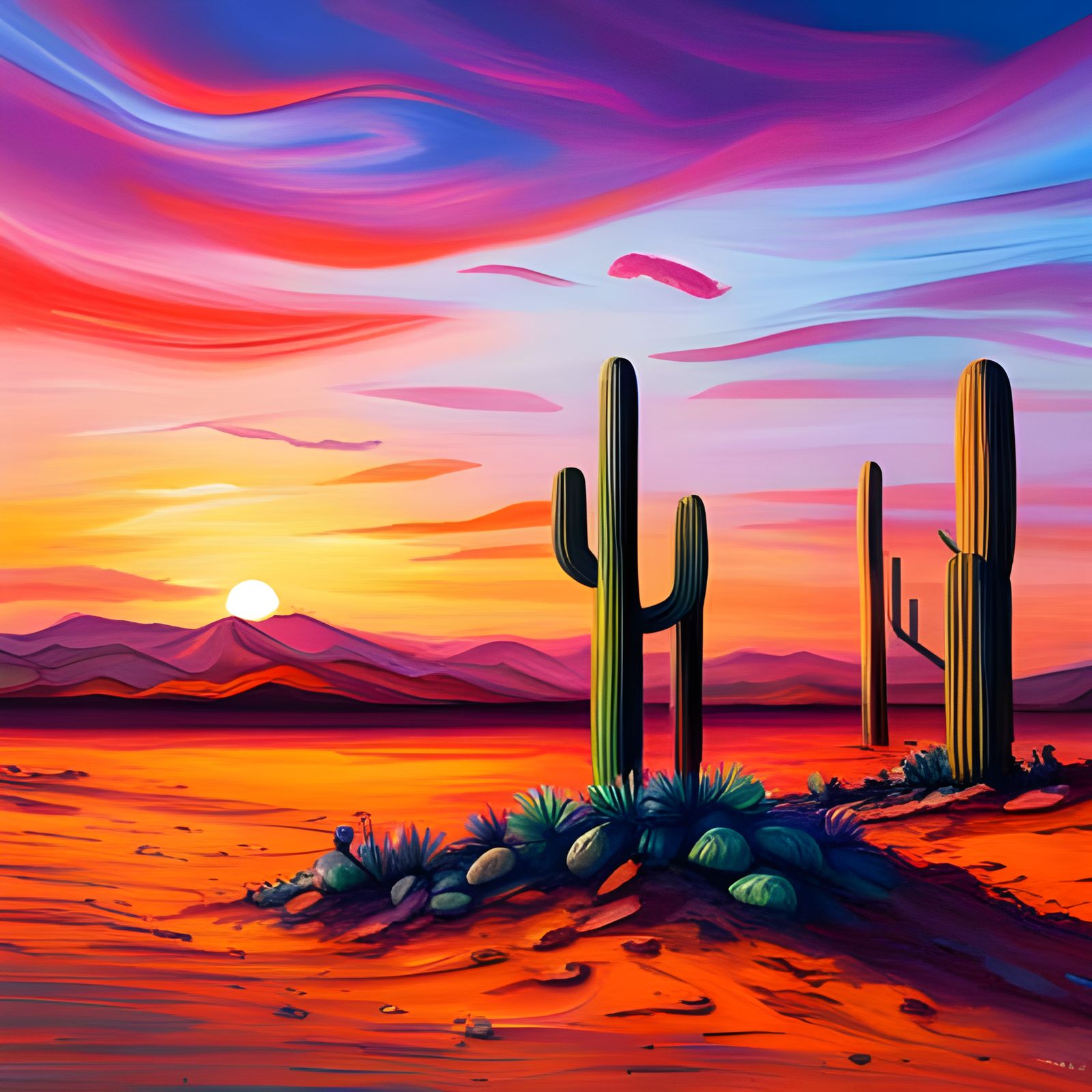 Colorful Desert Sunset Cactus in Splash Art Style