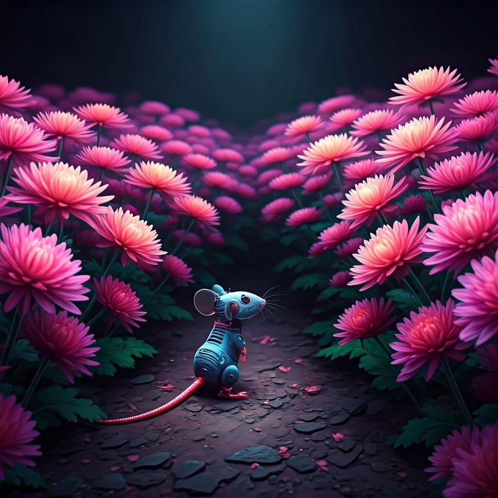 Bionic Mouse in Neon Chrysanthemum Field: Digital Matte Pain...