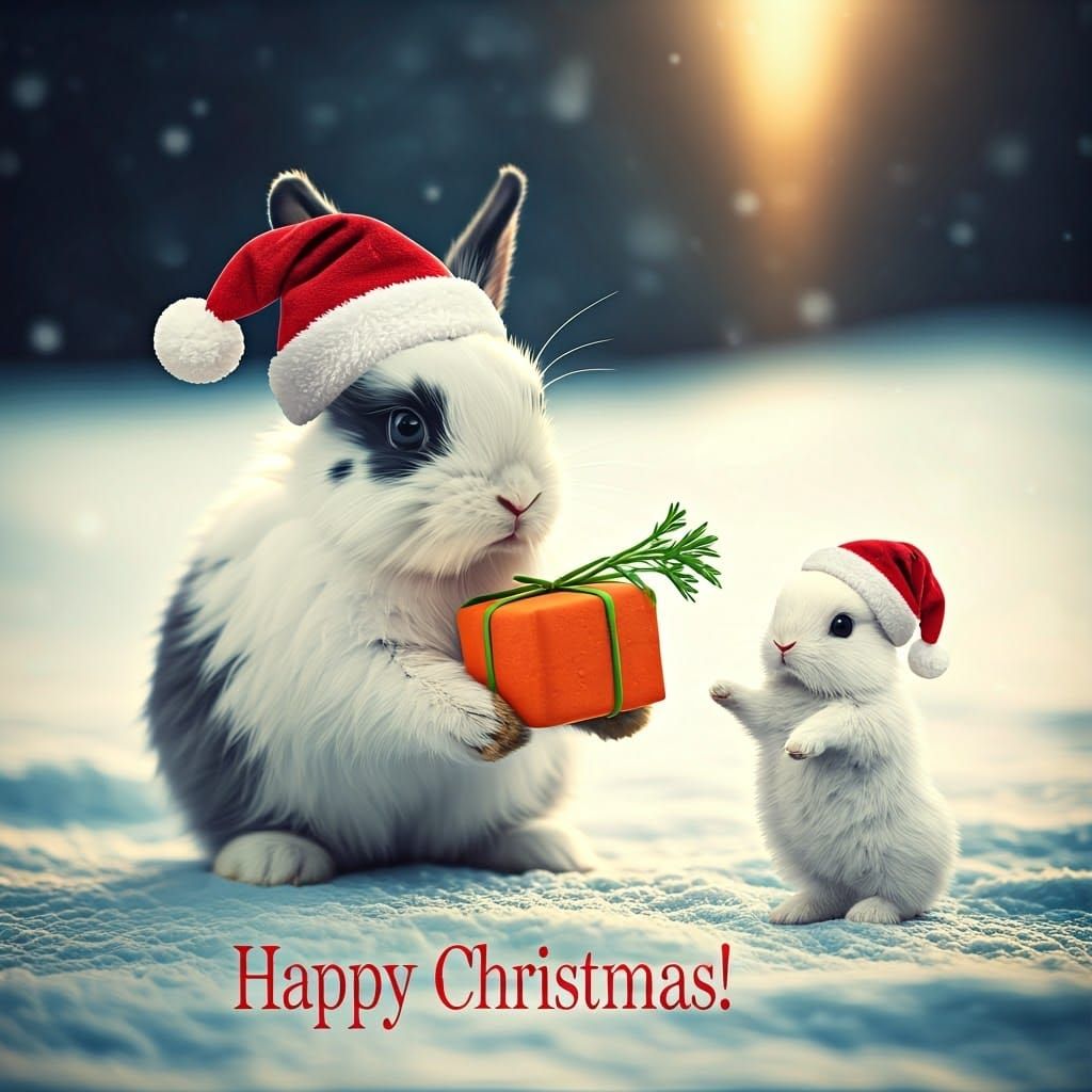 Festive Rabbits Exchange Christmas Gifts in Snowy Scene
