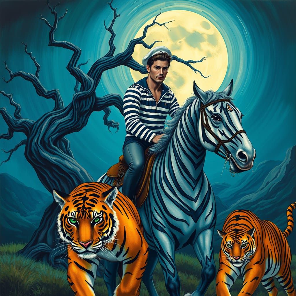 Dashing Sailor Rides Majestic Striped Horse Under Moonlit Ni...