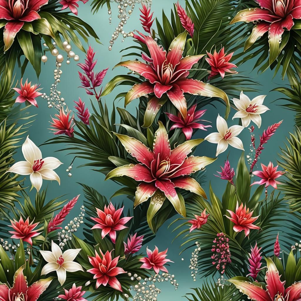 Tropical Flowers and Bromelia with Jewels