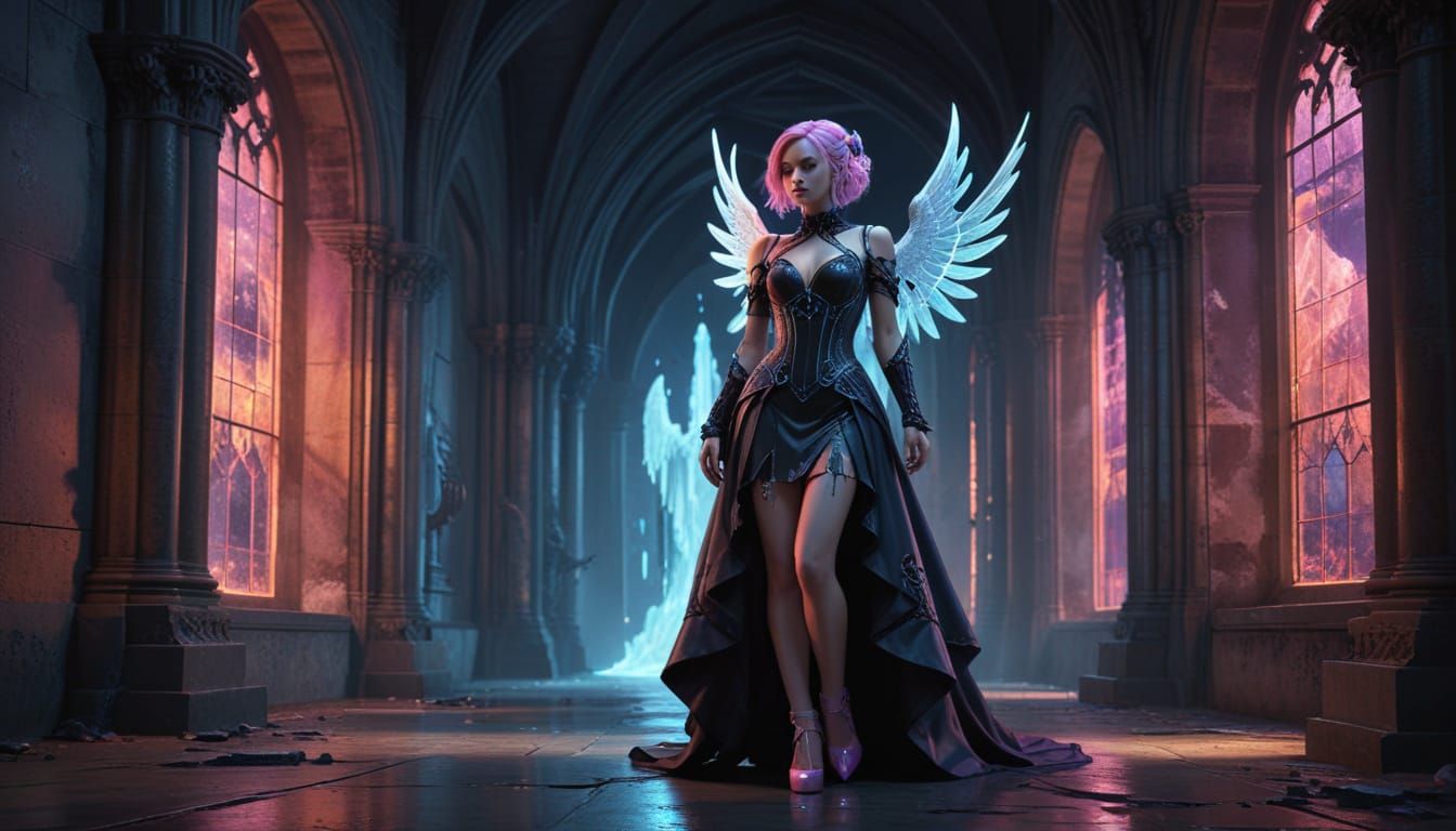 Gothic Sci-Fi Woman in Neon Cityscape