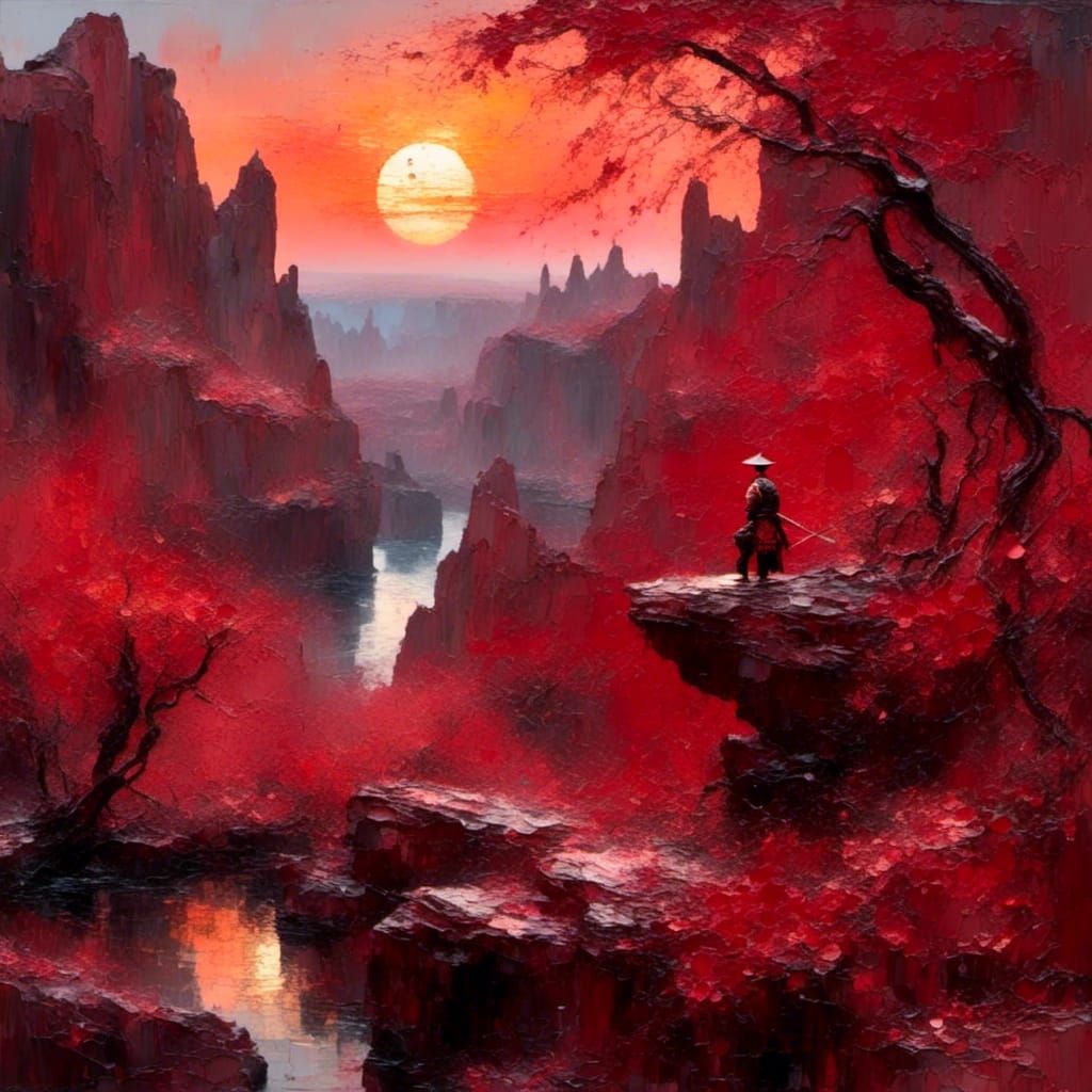 Samurai in Serene Setting as Oil Painting
