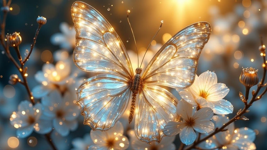 Crystal Glass Butterfly on Dewdrops in Golden Hour