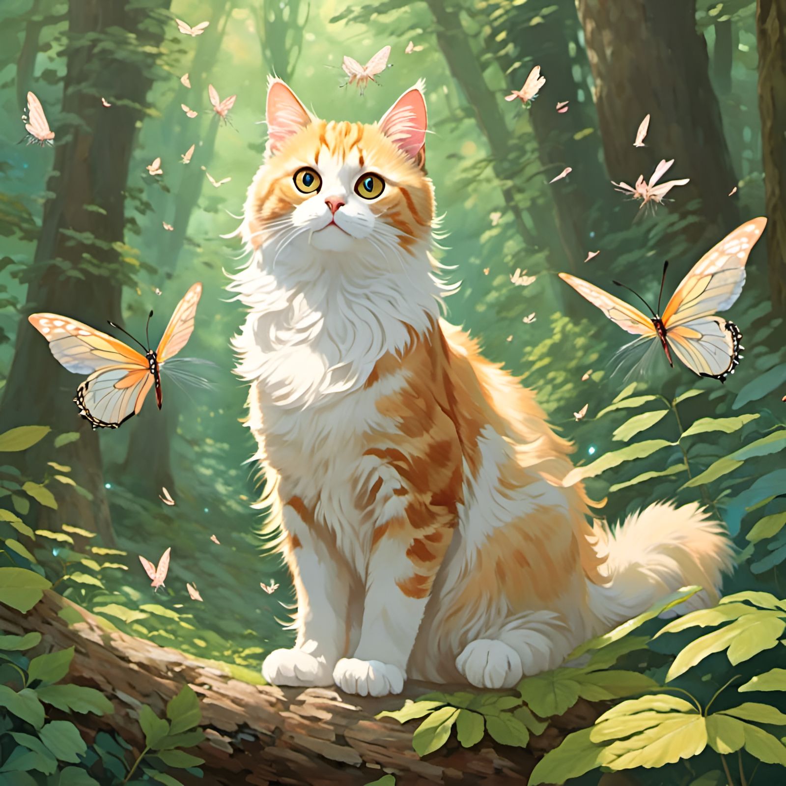 Cat in Forest with Fairies