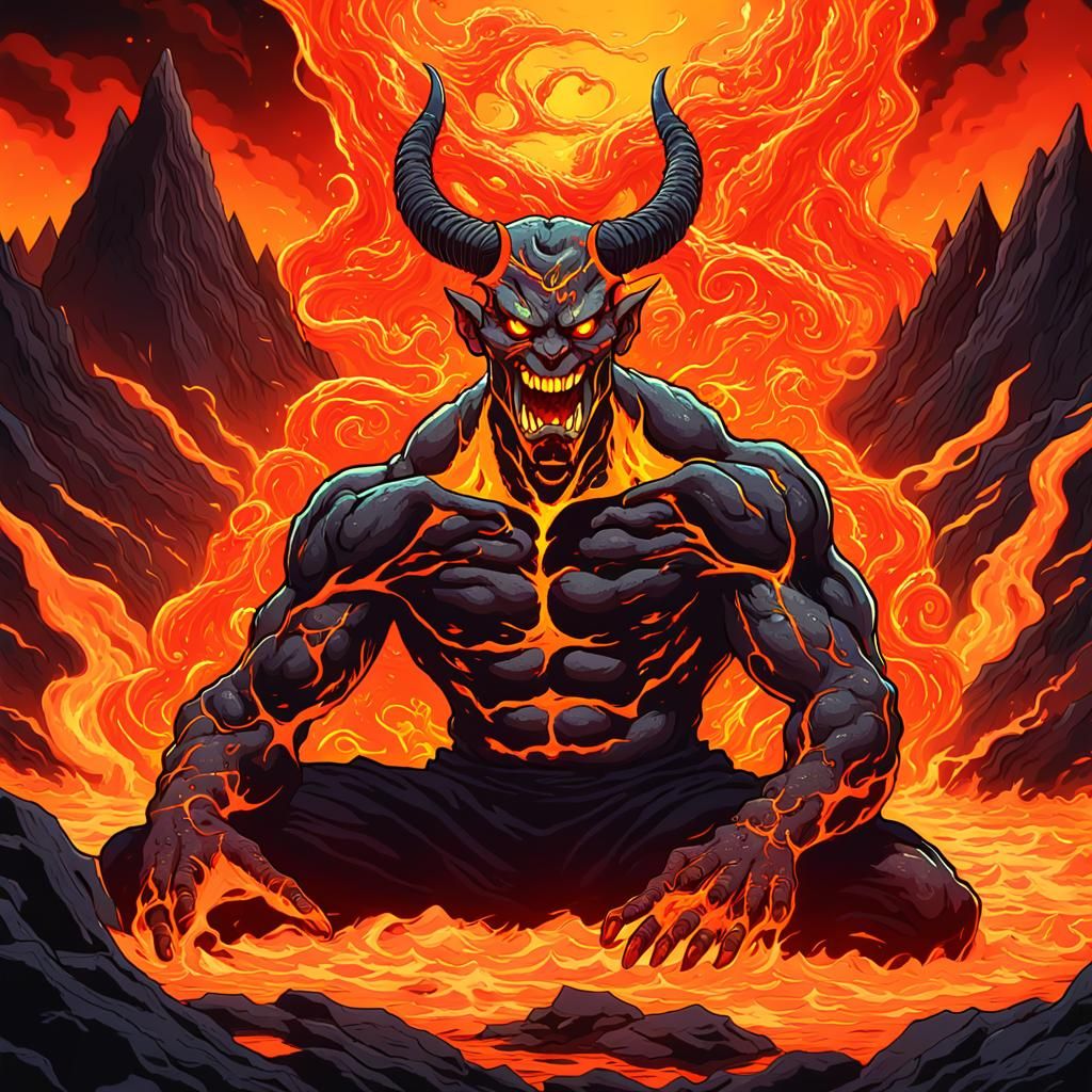 Devil Inhaling Magma in Hellish Manga Style
