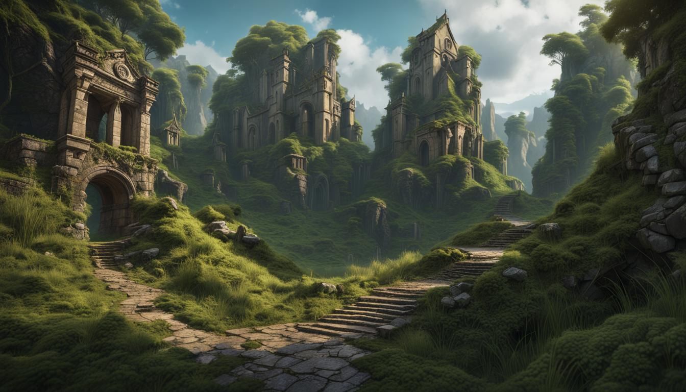 Fantasy Map of Forest Ruins in Detailed Matte Painting