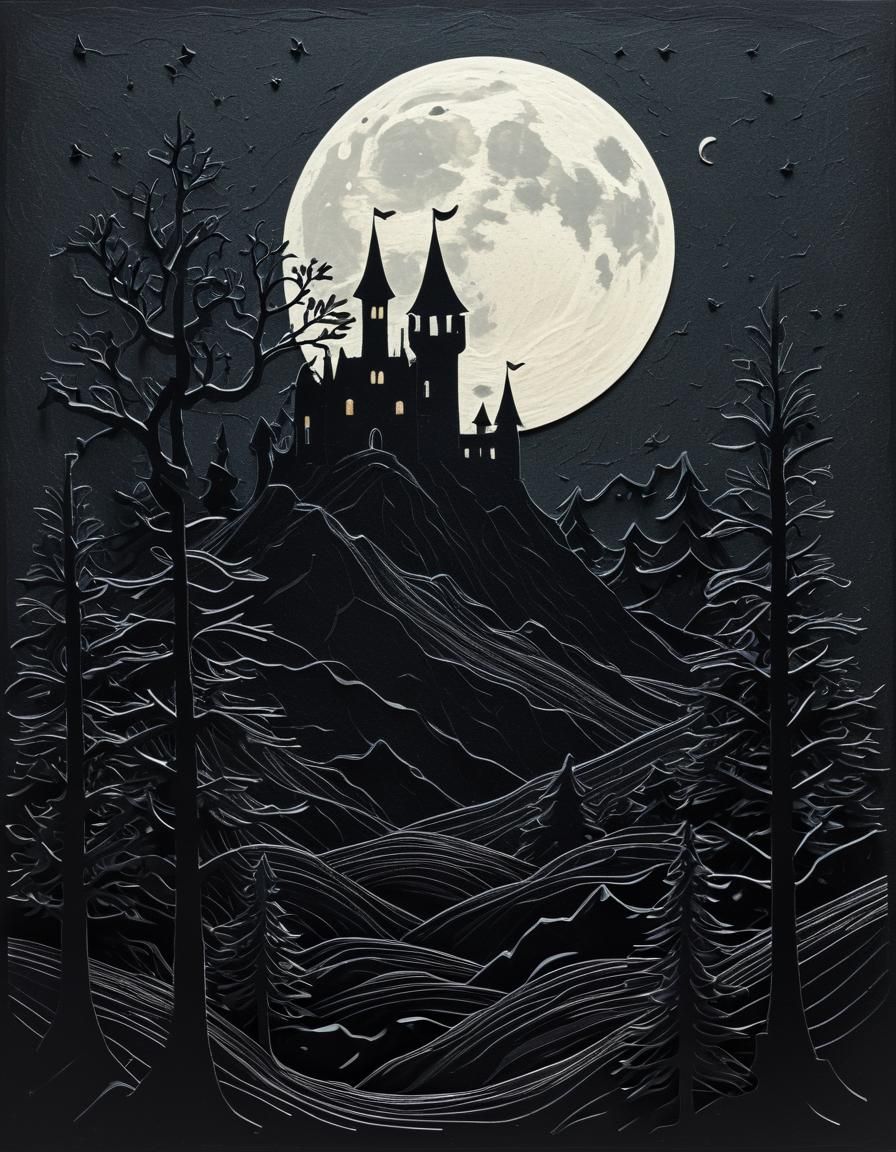 Tim Burton Landscape: Castle Silhouette in Forest