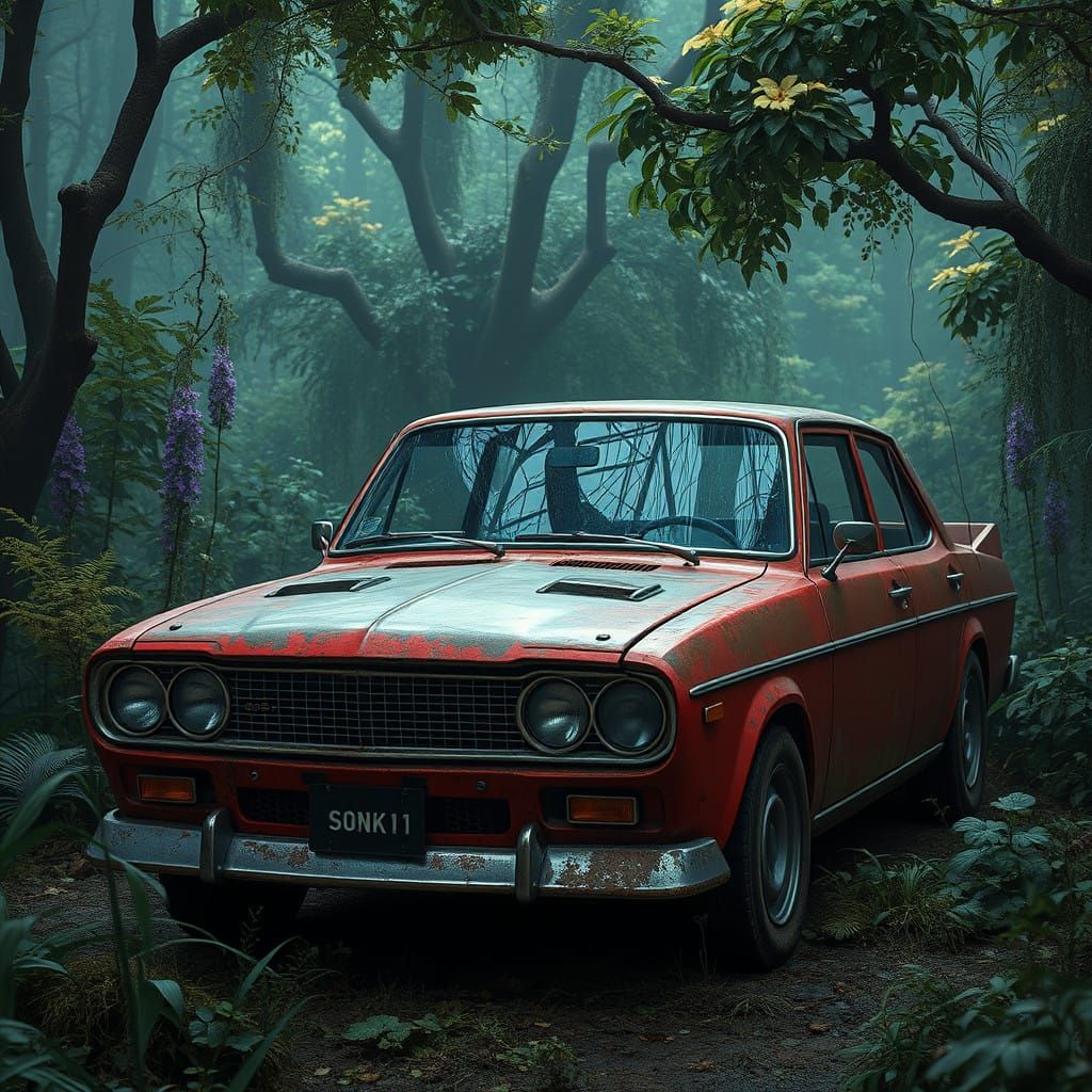 Vibrant Red Nissan Bluebird in a Dreamlike, Futuristic Lands...