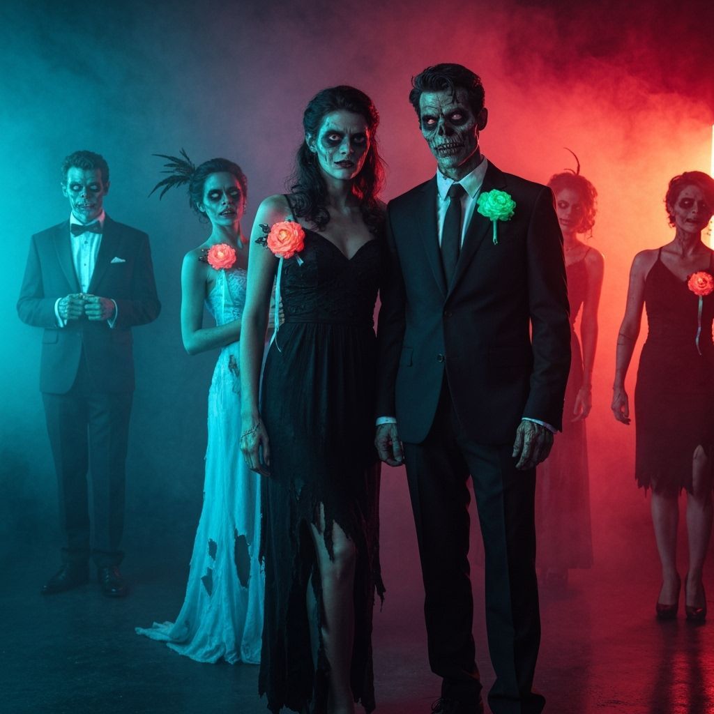 Undead Couple at Zombie Prom Night in Neon Light