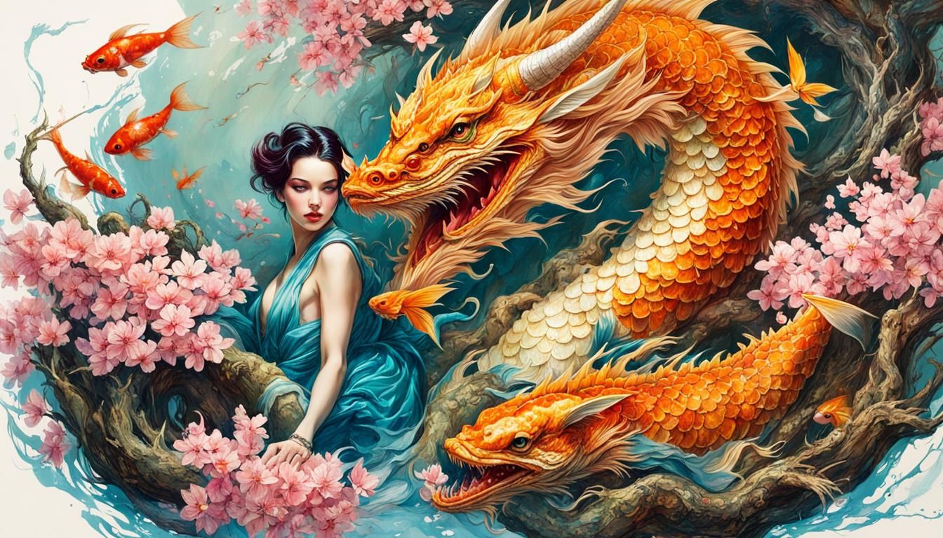 Koi Dragon in Pin-Up Style with Cherry Blossoms