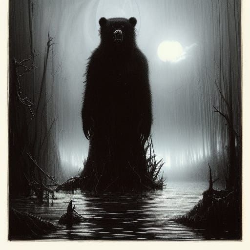Gothic Horror Werebear in Dark Forest Under Moon