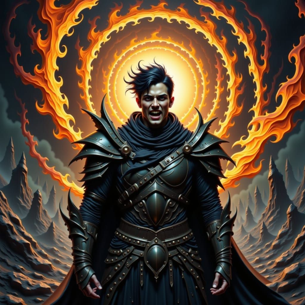 Lone Warrior Shouts Battle Cry in War-Torn Landscape