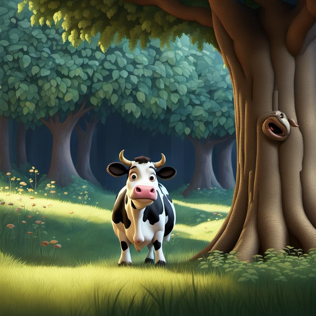 Pixar Style Cow Plays Hide and Seek