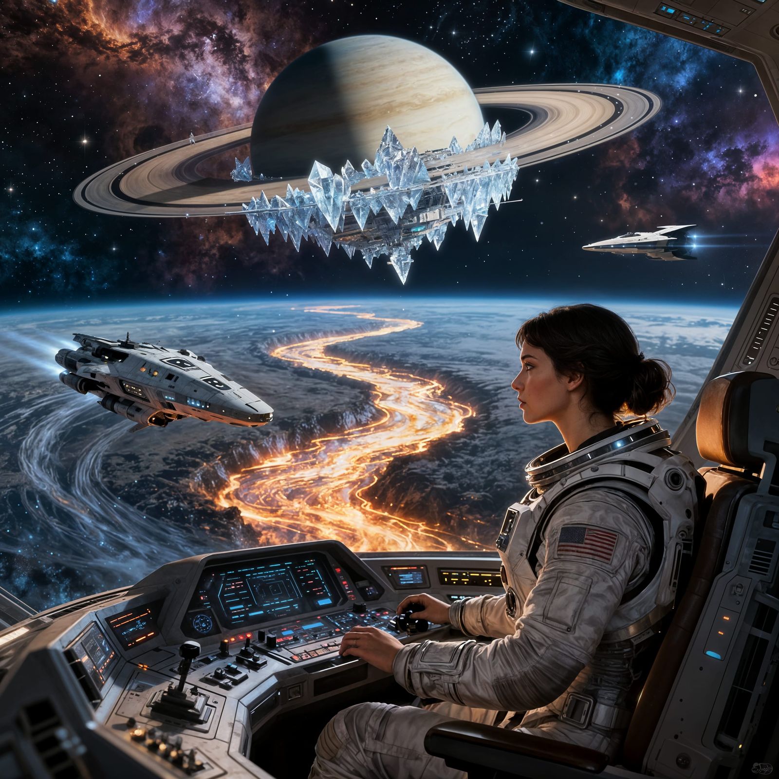 Female Astronaut at Saturn Space Station Controls