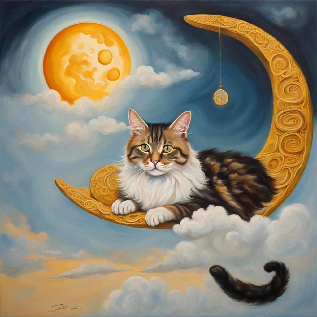 Cat on the Moon: Surreal Gouache Painting