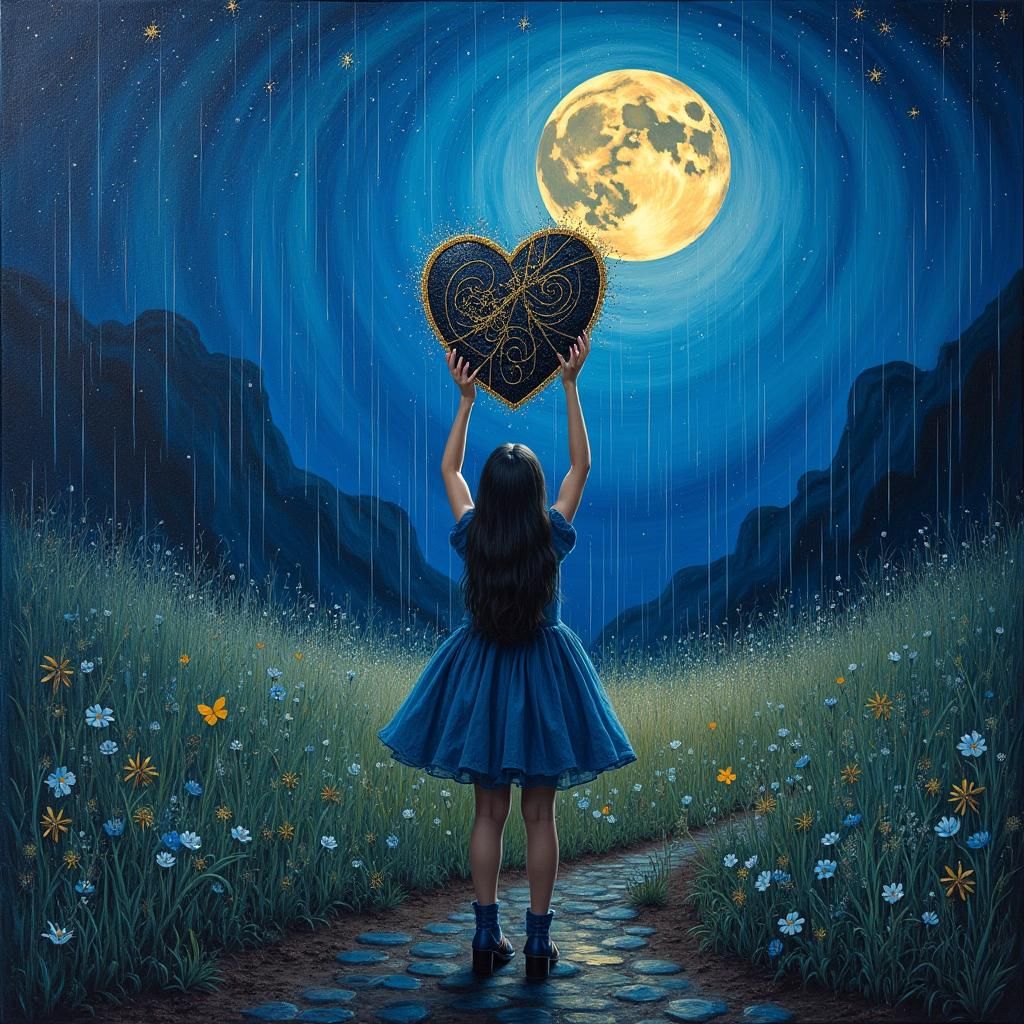 Girl with Mended Heart in Moonlit Canyon