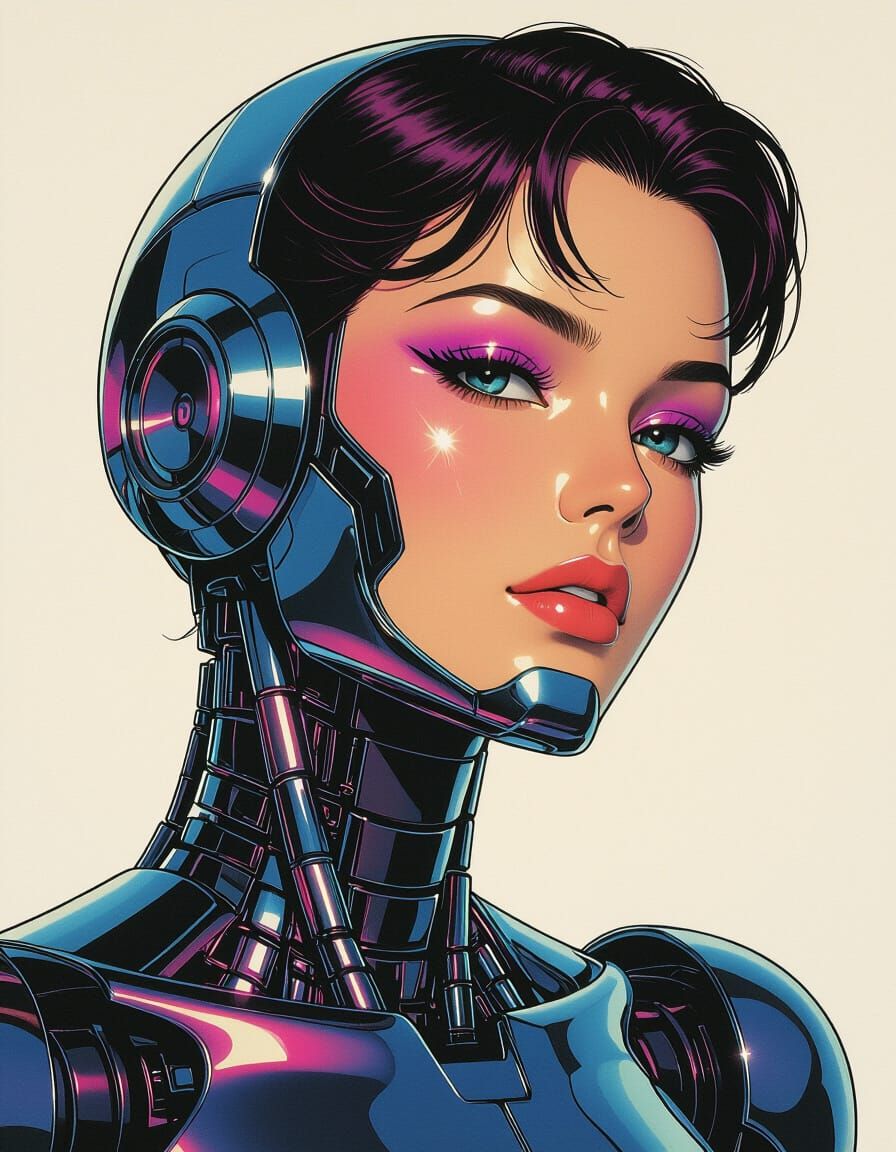 Chrome Robot Woman With 80s Makeup in Retro-Futuristic Style