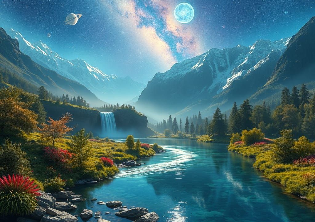 Ethereal Fantasy Realm with Crystal River and Mountains