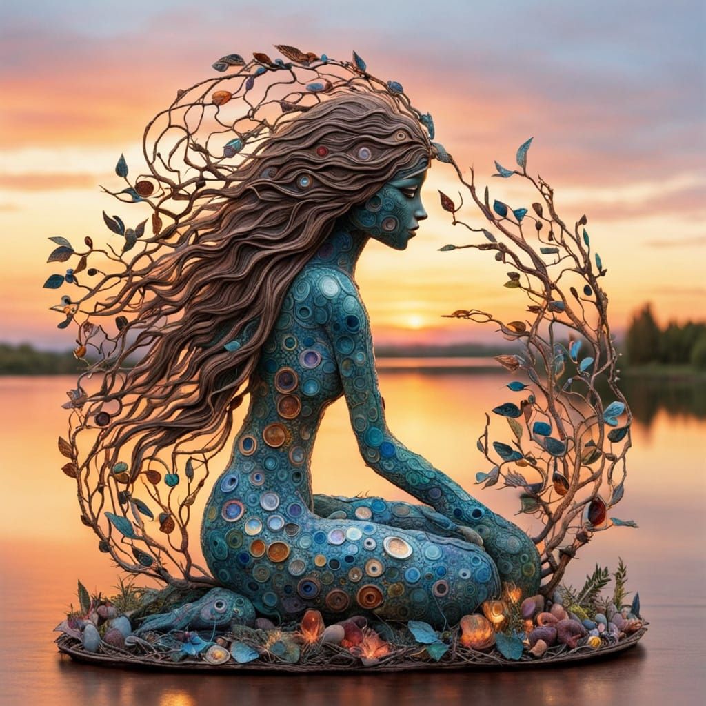 Surreal Sculpture of Woman at Sunset