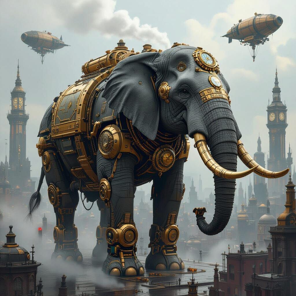 Steampunk Elephant in Biomechanical Metropolis