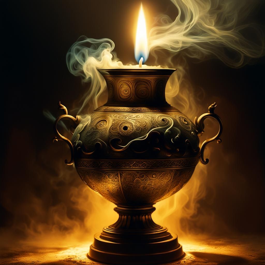 Smoke Genie Emerges from Lamp in Beksiński Style