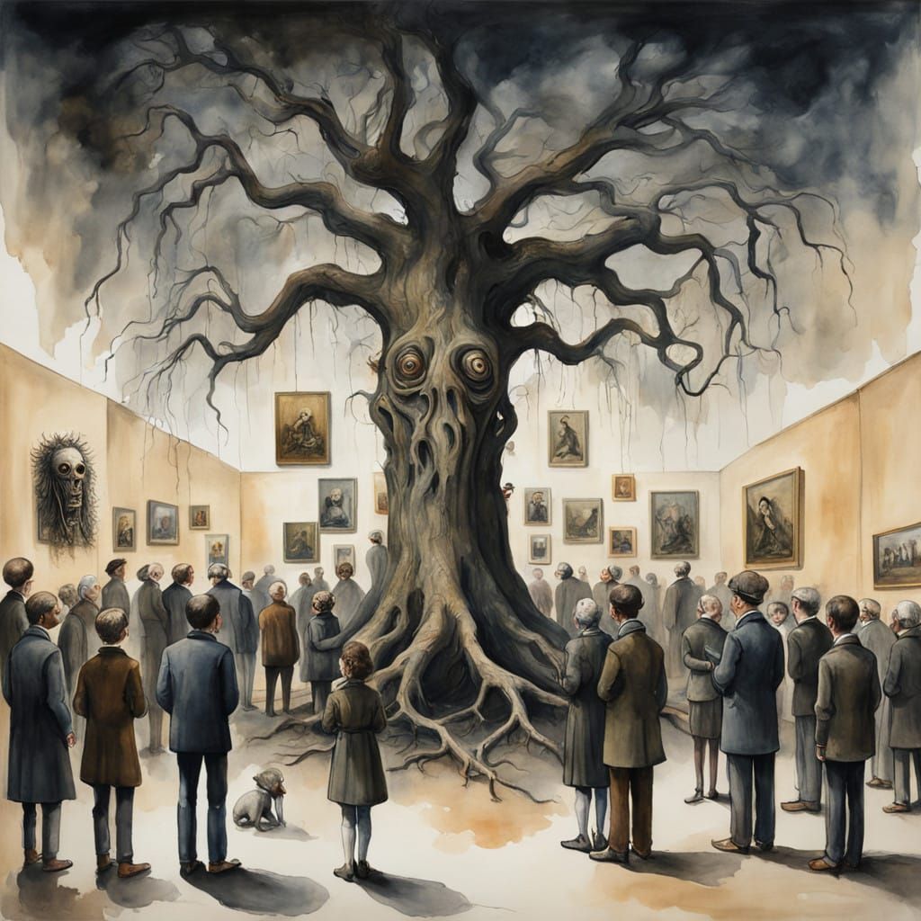 Impressive Watercolor Gallery Scene with Surreal Creatures