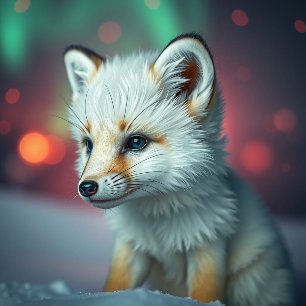 Hyperrealistic Arctic Fox Cub in Aurora Landscape