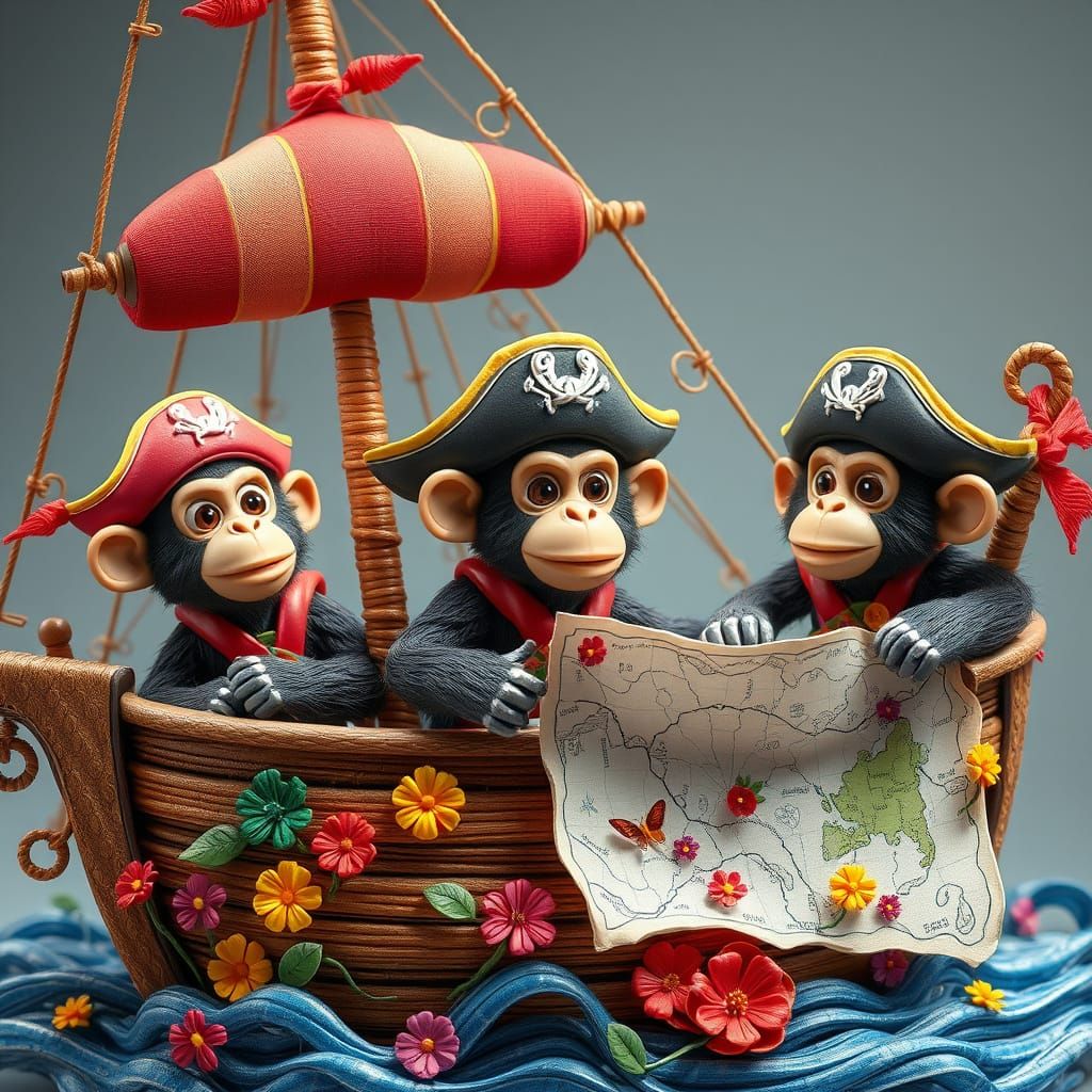Pirate Apes on Wire Sculpture Ship in 3D Style