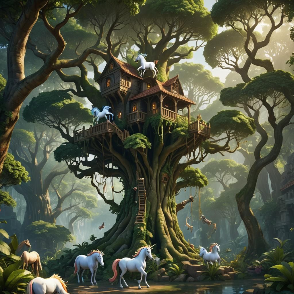 Unicorns in Rainforest Castle: 3D Digital Art