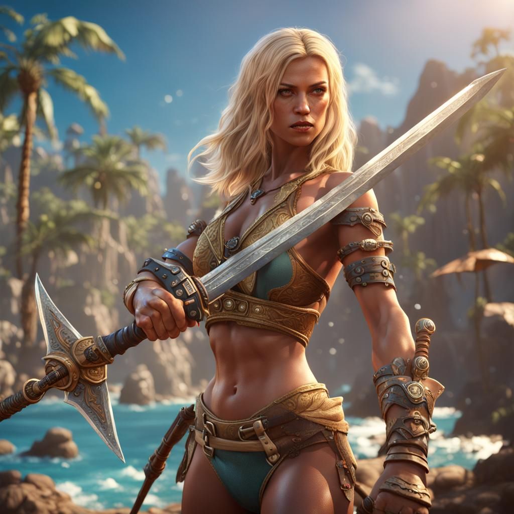 Blonde in Bikini Holding Swords: Fantasy Art