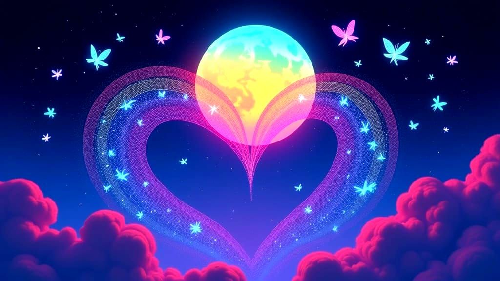 Glowing Rainbow Moon in Heart Shape with Iridescent Moths
