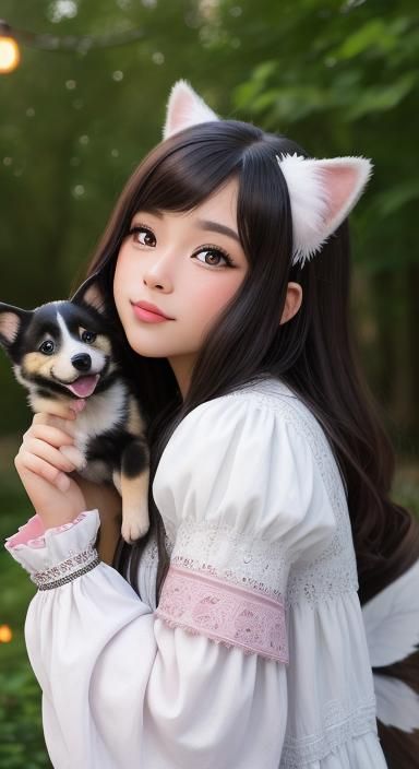 cartoon style, photo-realism, intricate stunning highly detailed fantasy. A little puppy that has black, brown and white...