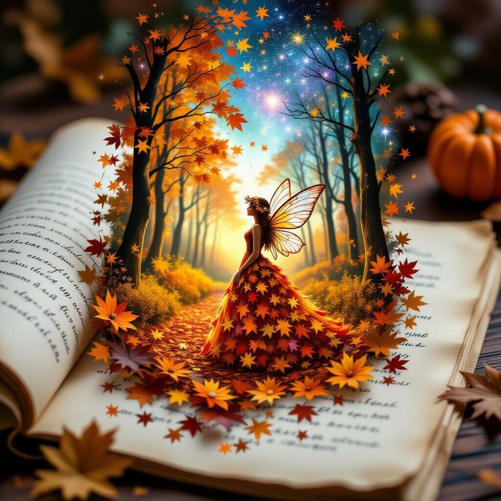 Fairy Tale Autumn Forest Girl with Bioluminescent Flowers