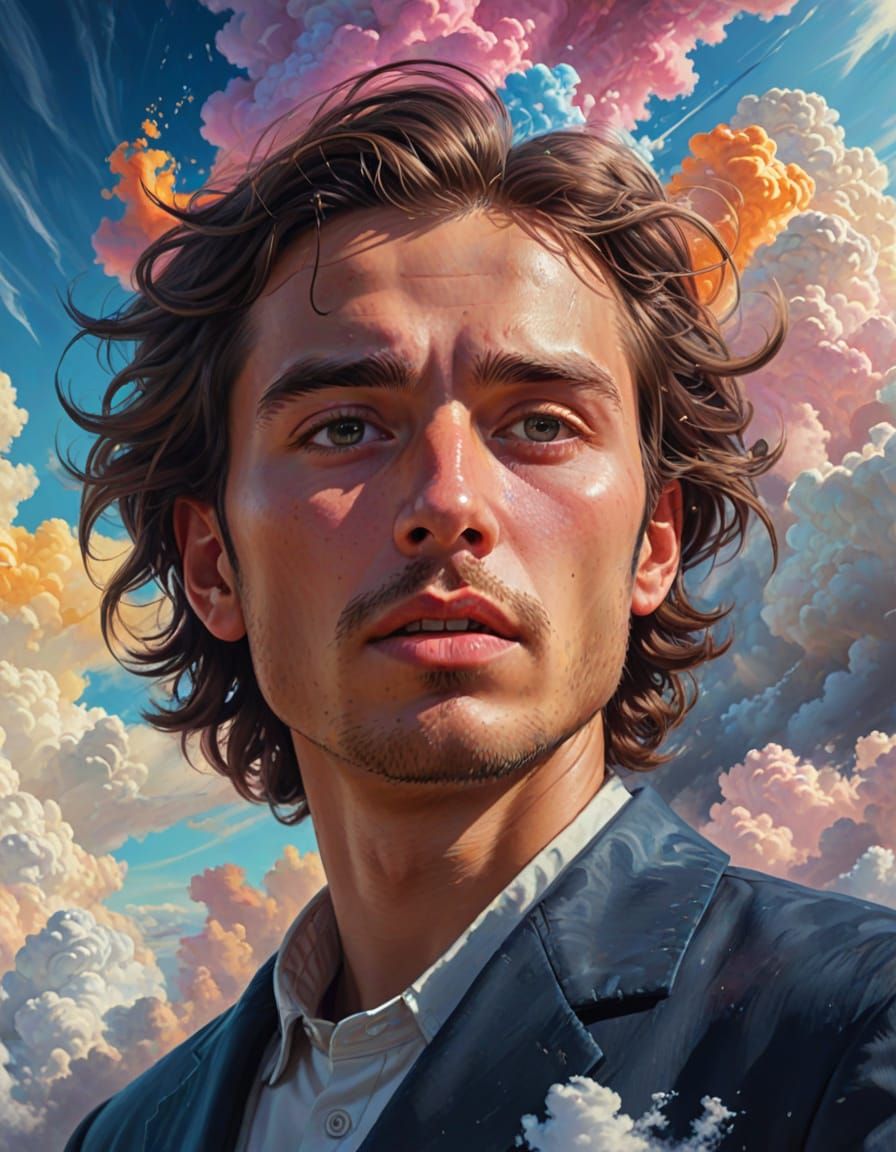 Surreal Portrait of Thoughtful Imagination in Vibrant Oil Pa...