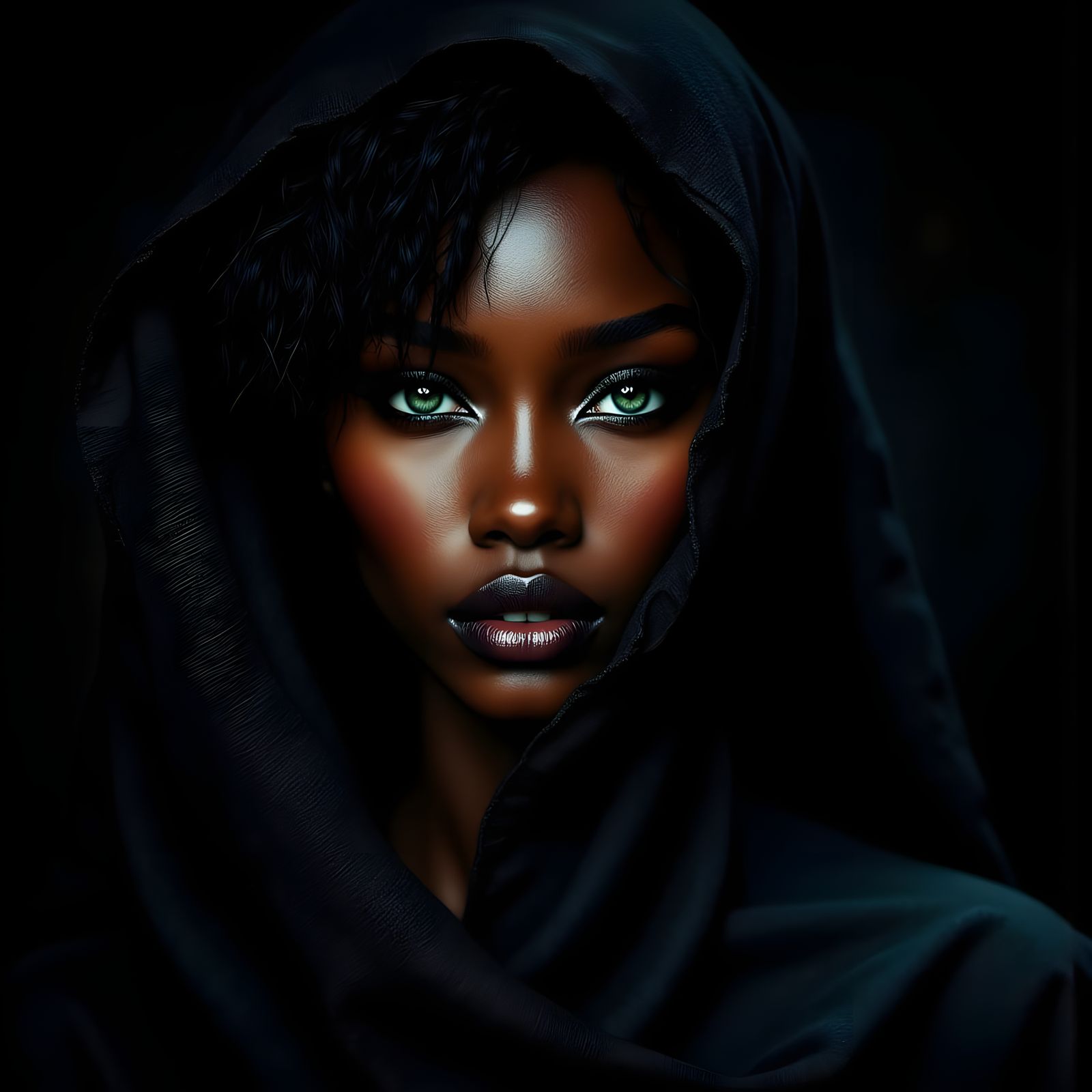 African Woman Portrait with Emerald Eyes in Low-Key Light