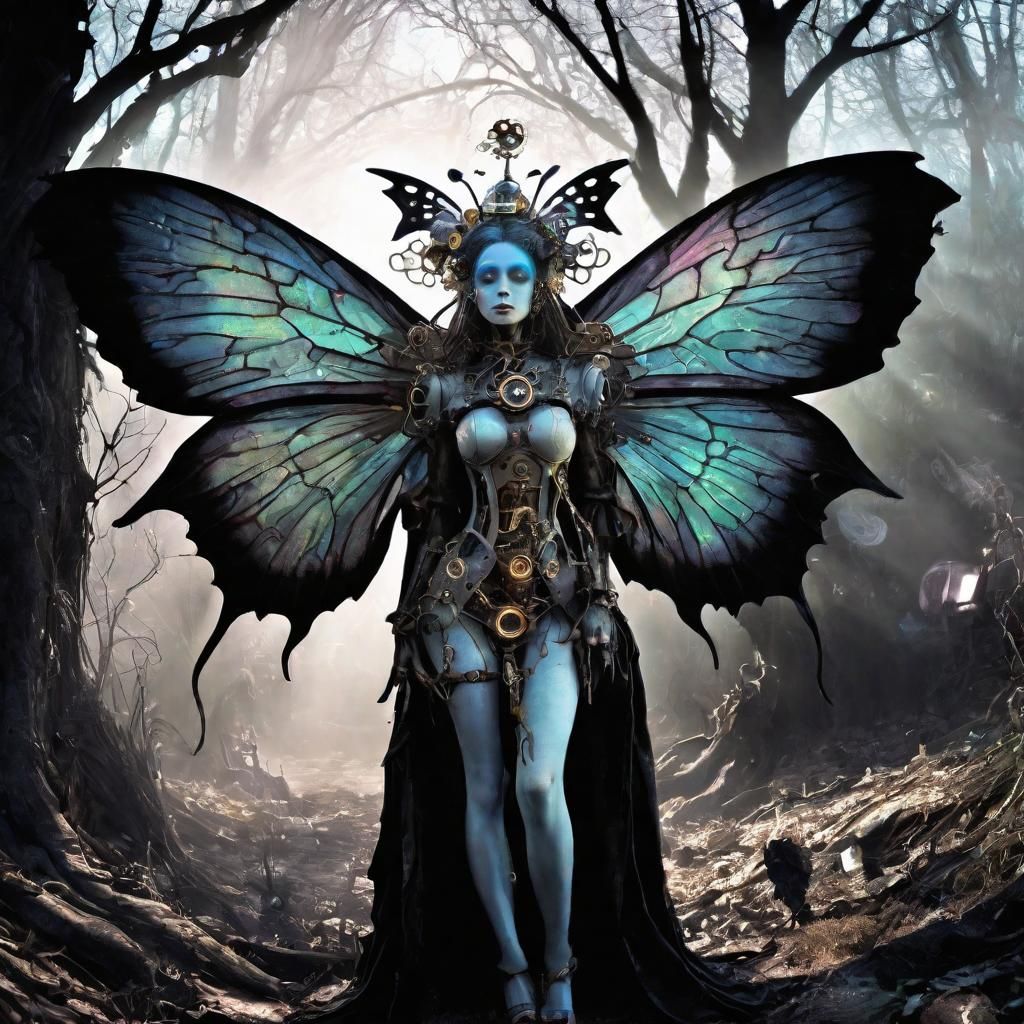 Steampunk fairy with mechanical magic, humanoid fairy creatures, shadow , protectors seen in shadows, Tim Burton ,Brian...