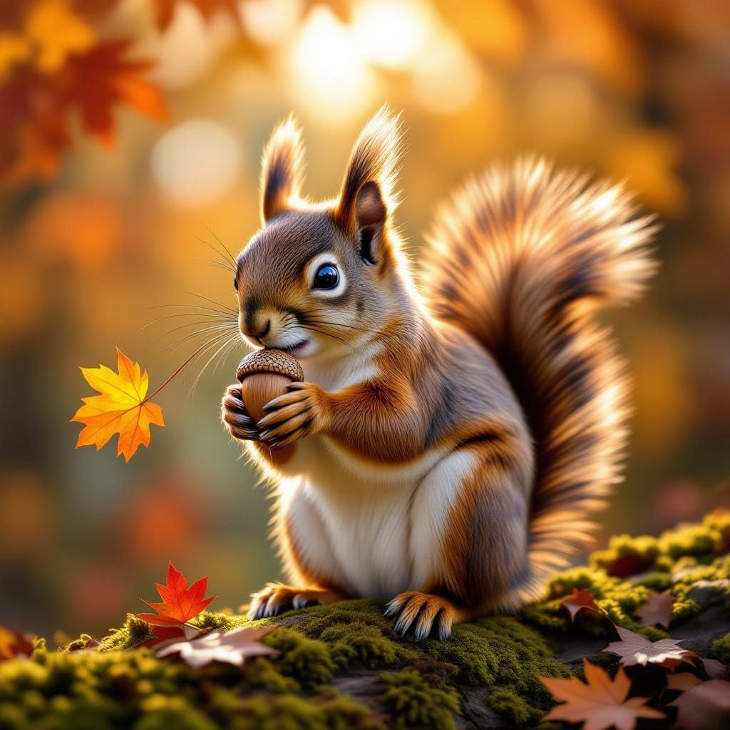 Squirrel With Acorn in Autumn Maple Forest