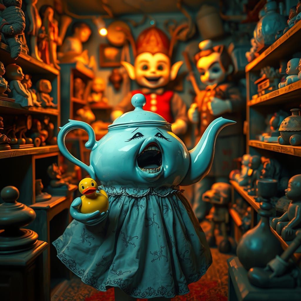 Surreal Teapot Cowers in a Haunted Toy Store, in a Hyperdeta...