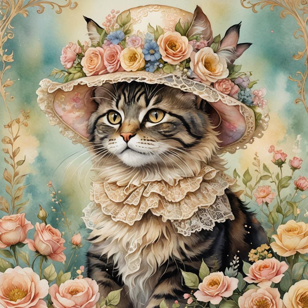 Cat in Frilly Hat: A Victorian Watercolor