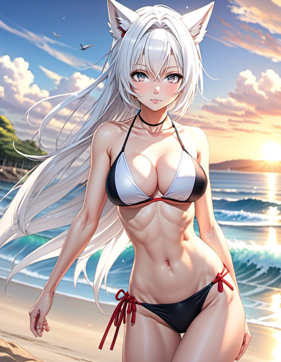 Anime Woman with Wolf Ears at Sunset Beach